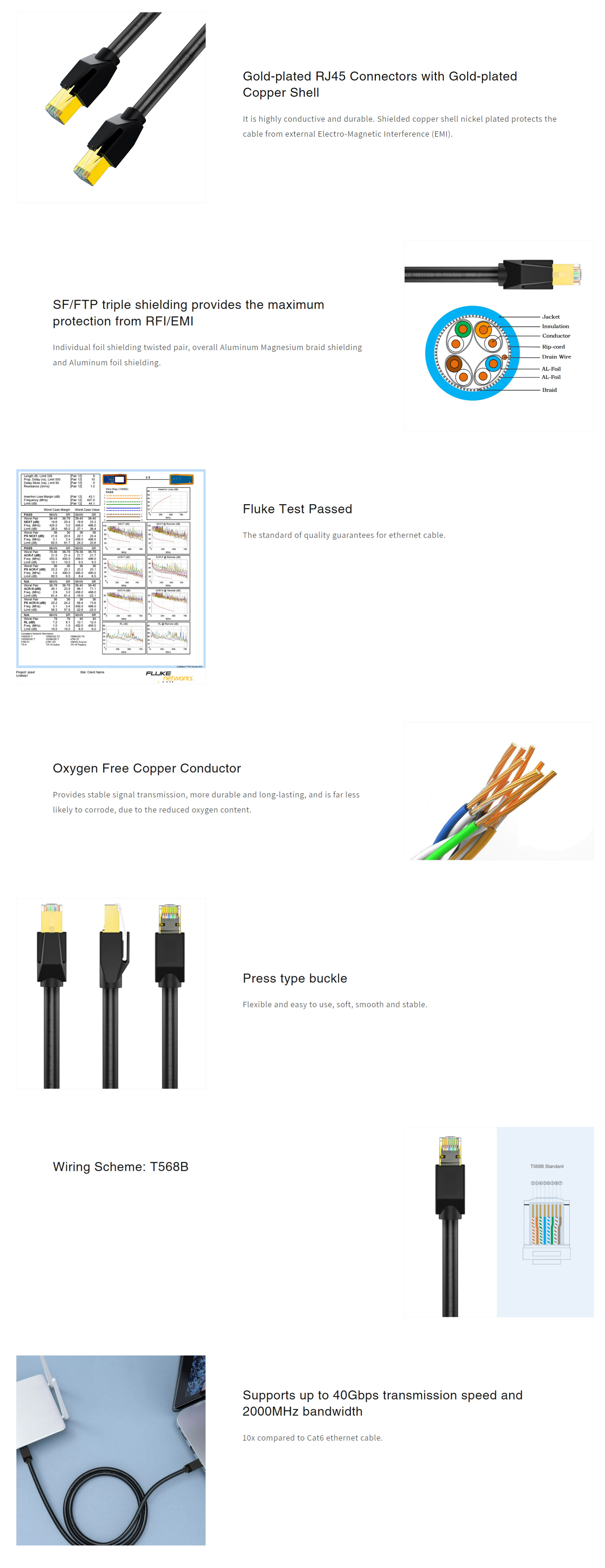 A large marketing image providing additional information about the product Cruxtec CAT8 0.3m 40GbE SF/FTP Triple Shielding Ethernet Cable Black - Additional alt info not provided
